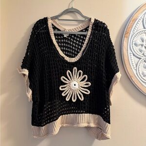 POL Black and Cream V-Neck Crochet Sweater